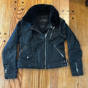 Zara Basic Black Faux Leather Biker Jacket with Removable Faux Fur Collar